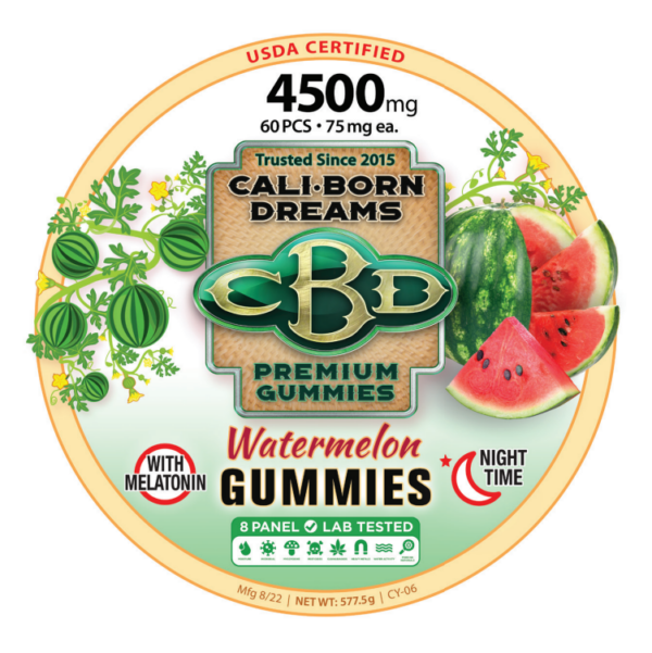 An image of CBD watermelon gummies from Cali Born Dreams is shown. The gummies are brightly colored and shaped like small watermelon slices. The product packaging indicates that each gummy contains 75mg of CBD and that the total package contains 4500mg of CBD. The gummies are arranged in a neat, orderly manner, making them look both delicious and high-quality