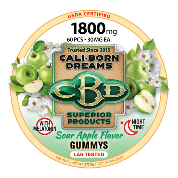 An image of CBD sour apple flavor gummies from Cali Born Dreams is shown. The gummies are brightly colored. The product packaging indicates that each gummy contains 30mg of CBD and that the total package contains 1800mg of CBD. The gummies are arranged in a neat, orderly manner, making them look both delicious and high-quality.