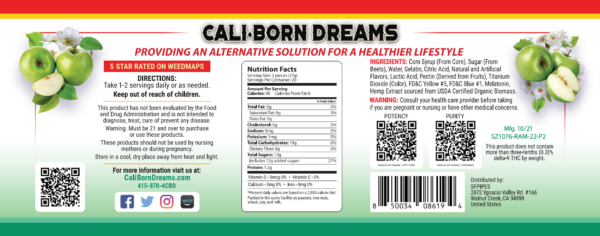 Nutrition facts label for Cali-Born Dreams product, showcasing the high-quality ingredients and essential nutrients that fuel a healthy lifestyle. Learn more about our nutritious products today.