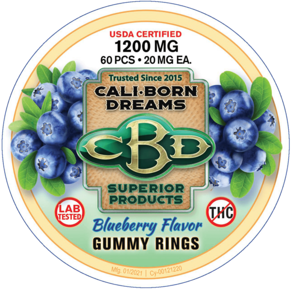 An image of CBD blueberry flavor gummies with no THC from Cali Born Dreams is shown. The gummies are brightly colored. The product packaging indicates that each gummy contains 20mg of CBD and that the total package contains 1200mg of CBD. The gummies are arranged in a neat, orderly manner, making them look both delicious and high-quality.