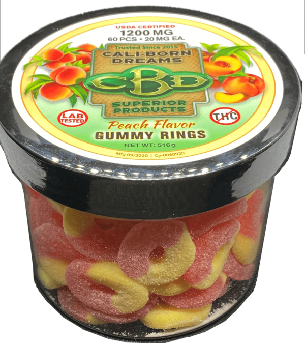 An image of CBD peach flavor gummies with no THC from Cali Born Dreams is shown. The gummies are brightly colored. The product packaging indicates that each gummy contains 20mg of CBD. The gummies are arranged in a neat, orderly manner, making them look both delicious and high-quality.