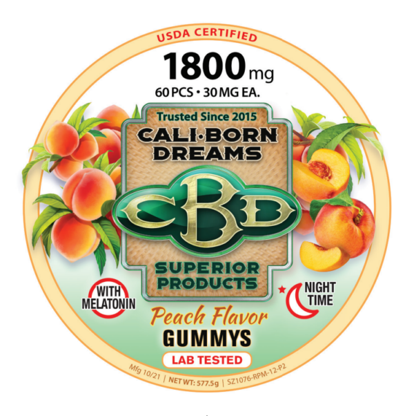 An image of CBD peach gummies from Cali Born Dreams is shown. The gummies are brightly colored. The product packaging indicates that each gummy contains 30mg of CBD and that the total package contains 1800mg of CBD. The gummies are arranged in a neat, orderly manner, making them look both delicious and high-quality.