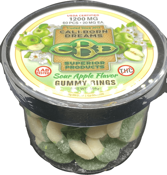 An image of CBD sour apple flavor gummies with no THC from Cali Born Dreams is shown. The gummies are brightly colored. The product packaging indicates that each gummy contains 20mg of CBD and that the total package contains 1200mg of CBD. The gummies are arranged in a neat, orderly manner, making them look both delicious and high-quality.