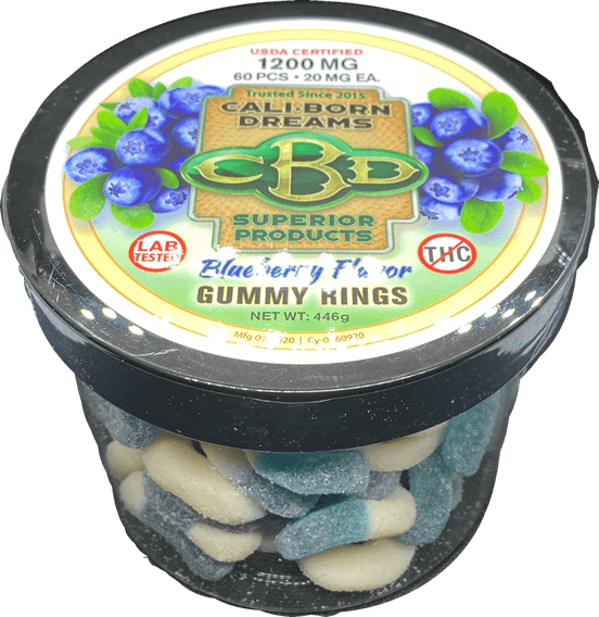 An image of CBD blueberry flavor gummies with no THC from Cali Born Dreams is shown. The gummies are brightly colored. The product packaging indicates that each gummy contains 20mg of CBD and that the total package contains 1200mg of CBD. The gummies are arranged in a neat, orderly manner, making them look both delicious and high-quality.