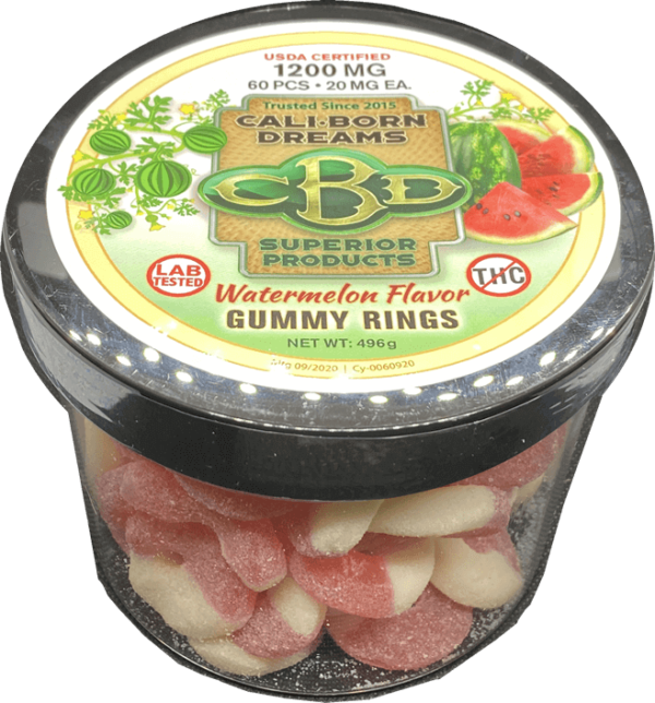 An image of CBD watermelon flavor gummies with no THC from Cali Born Dreams is shown. The gummies are brightly colored. The product packaging indicates that each gummy contains 20mg of CBD and that the total package contains 1200mg of CBD. The gummies are arranged in a neat, orderly manner, making them look both delicious and high-quality.