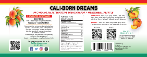 Nutrition facts label for Cali-Born Dreams product, showcasing the high-quality ingredients and essential nutrients that fuel a healthy lifestyle. Learn more about our nutritious products today.