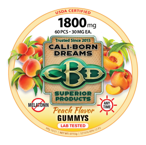 An image of CBD peach gummies from Cali Born Dreams is shown. The gummies are brightly colored. The product packaging indicates that each gummy contains 30mg of CBD and that the total package contains 1800mg of CBD. The gummies are arranged in a neat, orderly manner, making them look both delicious and high-quality.