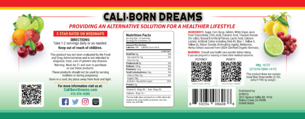 Nutrition facts label for Cali-Born Dreams product, showcasing the high-quality ingredients and essential nutrients that fuel a healthy lifestyle. Learn more about our nutritious products today.
