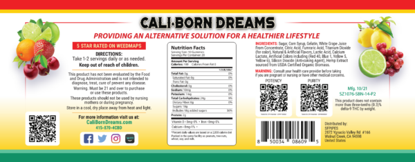 Nutrition facts label for Cali-Born Dreams product, showcasing the high-quality ingredients and essential nutrients that fuel a healthy lifestyle. Learn more about our nutritious products today.