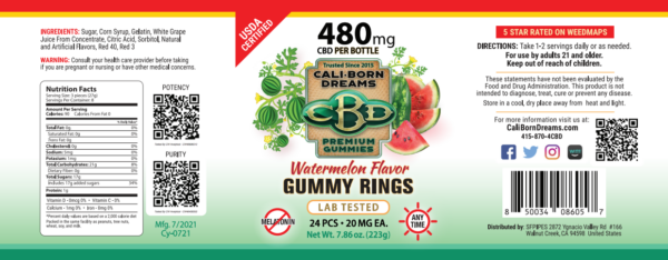 Nutrition facts label for Cali-Born Dreams watermelon flavor, showcasing the high-quality ingredients and essential nutrients that fuel a healthy lifestyle. Learn more about our nutritious products today.