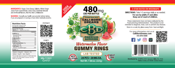 Nutrition facts label for Cali-Born Dreams watermelon flavor, showcasing the high-quality ingredients and essential nutrients that fuel a healthy lifestyle. Learn more about our nutritious products today.