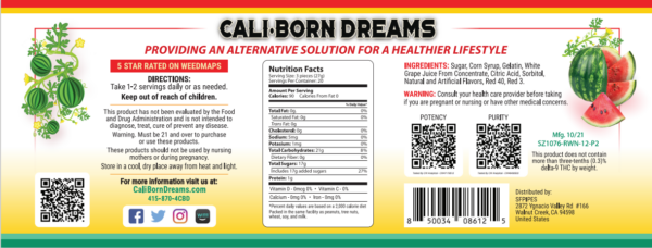 Nutrition facts label for Cali-Born Dreams watermelon flavor, showcasing the high-quality ingredients and essential nutrients that fuel a healthy lifestyle. Learn more about our nutritious products today.
