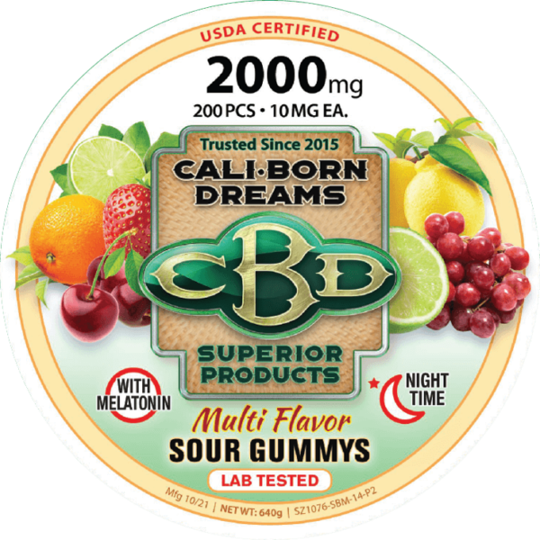 An image of CBD multi flavor gummies from Cali Born Dreams is shown. The gummies are brightly colored. The product packaging indicates that each gummy contains 10mg of CBD and that the total package contains 2000mg of CBD. The gummies are arranged in a neat, orderly manner, making them look both delicious and high-quality.