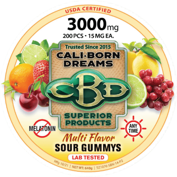 An image of CBD multi flavor Sour gummies from Cali Born Dreams is shown. The gummies are brightly colored. The product packaging indicates that each gummy contains 15mg of CBD and that the total package contains 3000mg of CBD. The gummies are arranged in a neat, orderly manner, making them look both delicious and high-quality.