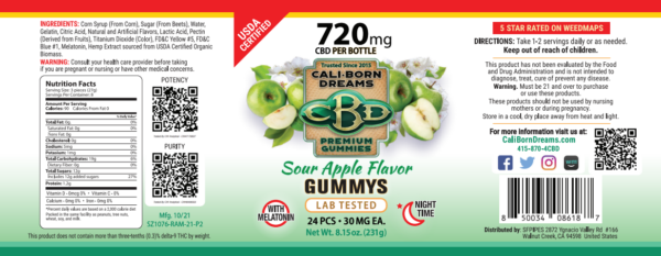 Nutrition facts label for Cali-Born Dreams product, showcasing the high-quality ingredients and essential nutrients that fuel a healthy lifestyle. Learn more about our nutritious products today.