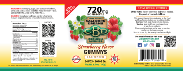 Nutrition facts label for Cali-Born Dreams strawberry flavor gummy's, showcasing the high-quality ingredients and essential nutrients that fuel a healthy lifestyle. Learn more about our nutritious products today.