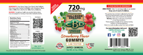 Nutrition facts label for Cali-Born Dreams Strawberry Gummy's, showcasing the high-quality ingredients and essential nutrients that fuel a healthy lifestyle. Learn more about our nutritious products today.