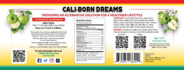 Nutrition facts label for Cali-Born Dreams product, showcasing the high-quality ingredients and essential nutrients that fuel a healthy lifestyle. Learn more about our nutritious products today.