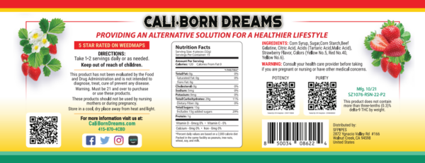 Nutrition facts label for Cali-Born Dreams product, showcasing the high-quality ingredients and essential nutrients that fuel a healthy lifestyle. Learn more about our nutritious products today.