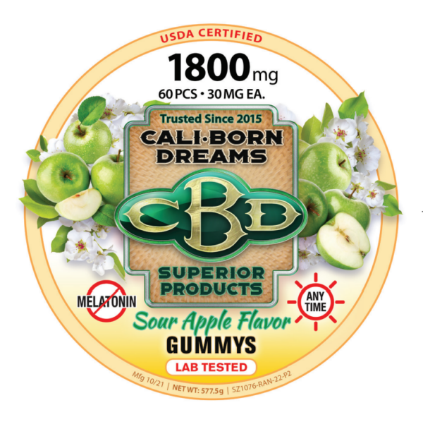 An image of CBD sour apple flavor gummies from Cali Born Dreams is shown. The gummies are brightly colored. The product packaging indicates that each gummy contains 30mg of CBD and that the total package contains 1800mg of CBD. The gummies are arranged in a neat, orderly manner, making them look both delicious and high-quality.