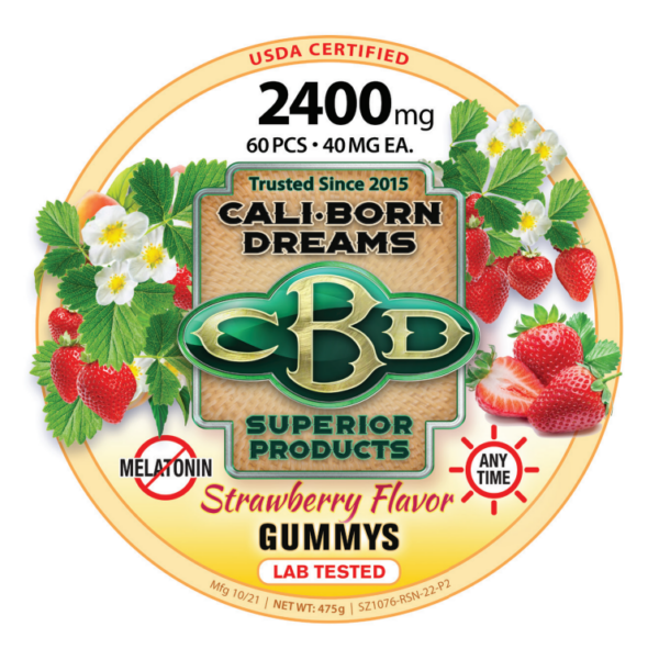 An image of CBD strawberry gummies from Cali Born Dreams is shown. The gummies are brightly colored. The product packaging indicates that each gummy contains 40mg of CBD and that the total package contains 2400mg of CBD. The gummies are arranged in a neat, orderly manner, making them look both delicious and high-quality.