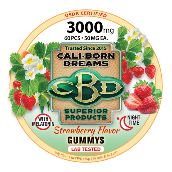 An image of CBD strawberry gummies from Cali Born Dreams is shown. The gummies are brightly colored. The product packaging indicates that each gummy contains 50mg of CBD and that the total package contains 3000mg of CBD. The gummies are arranged in a neat, orderly manner, making them look both delicious and high-quality.