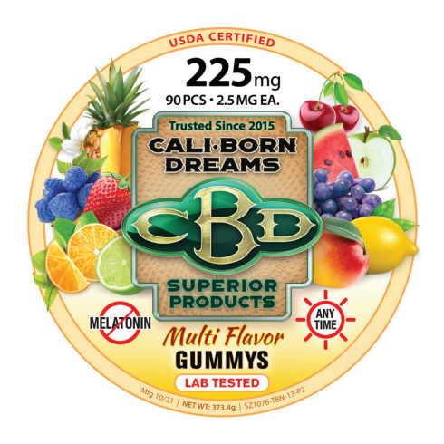 An image of CBD multi flavored gummies from Cali Born Dreams is shown. The gummies are brightly colored. The product packaging indicates that each gummy contains 2.5mg of CBD and that the total package contains 225mg of CBD. The gummies are arranged in a neat, orderly manner, making them look both delicious and high-quality.